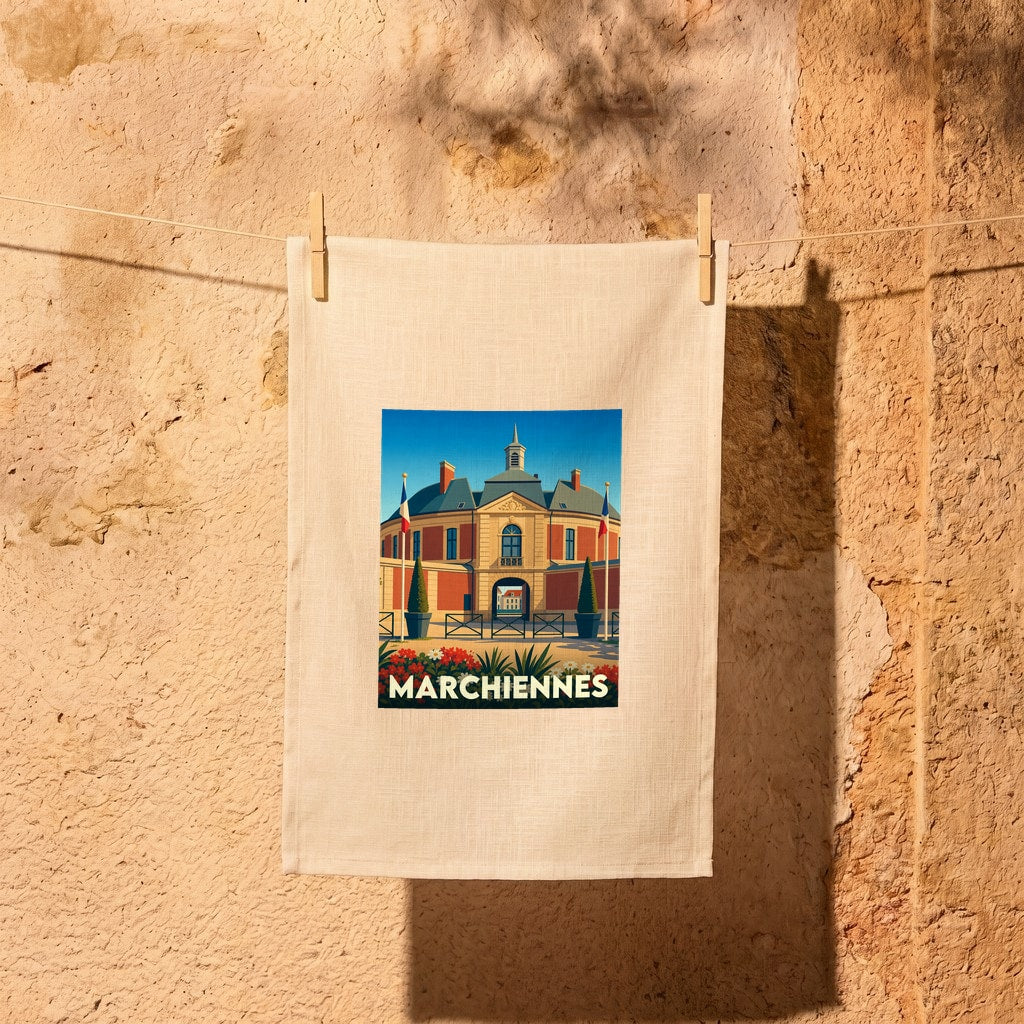 Torchon souvenir de la ville de Marchiennes avec une illustration stylisée.