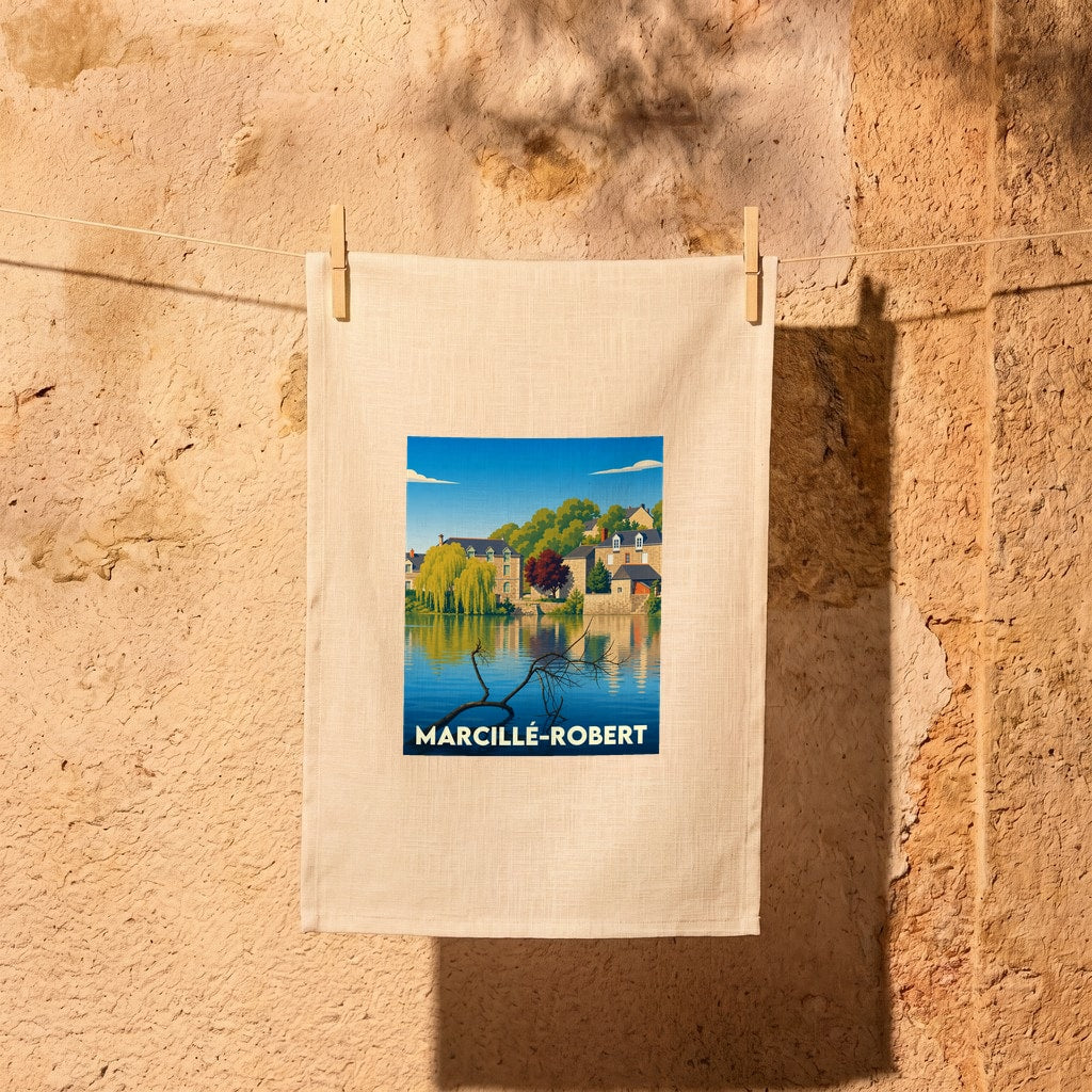 Torchon souvenir de la ville de Marcillé-Robert avec une illustration stylisée d'un paysage au bord de l'eau.