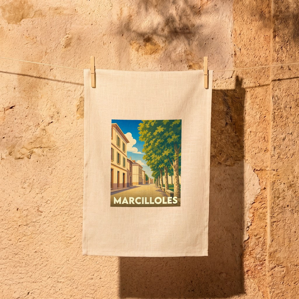 Torchon souvenir de la ville de Marcilloles avec une illustration stylisée d'une rue ensoleillée.