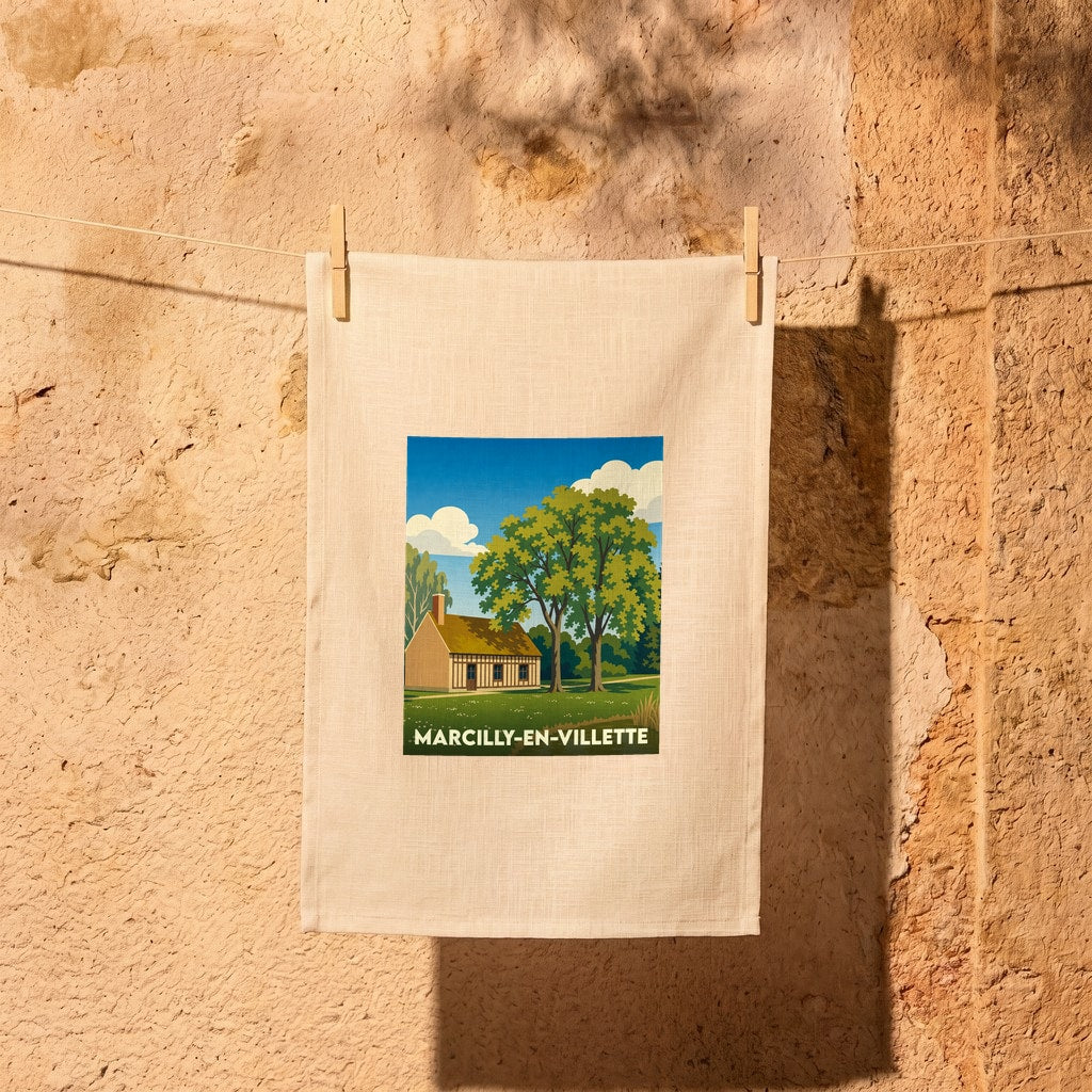 Torchon souvenir de la ville de Marcilly-en-Villette avec une illustration champêtre stylisée.