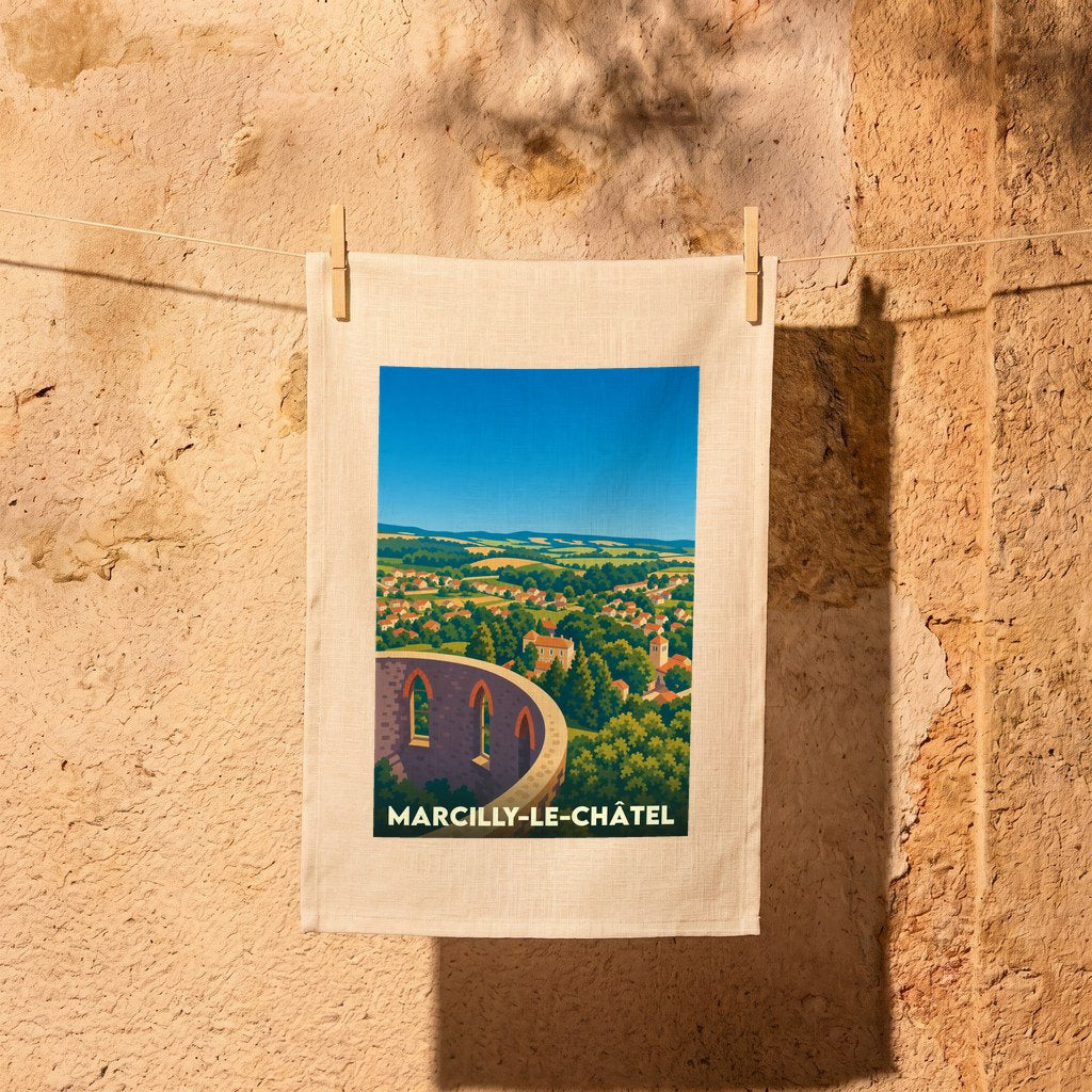 Torchon souvenir de Marcilly-le-Châtel avec une illustration stylisée d'un panorama de la ville et de son château.