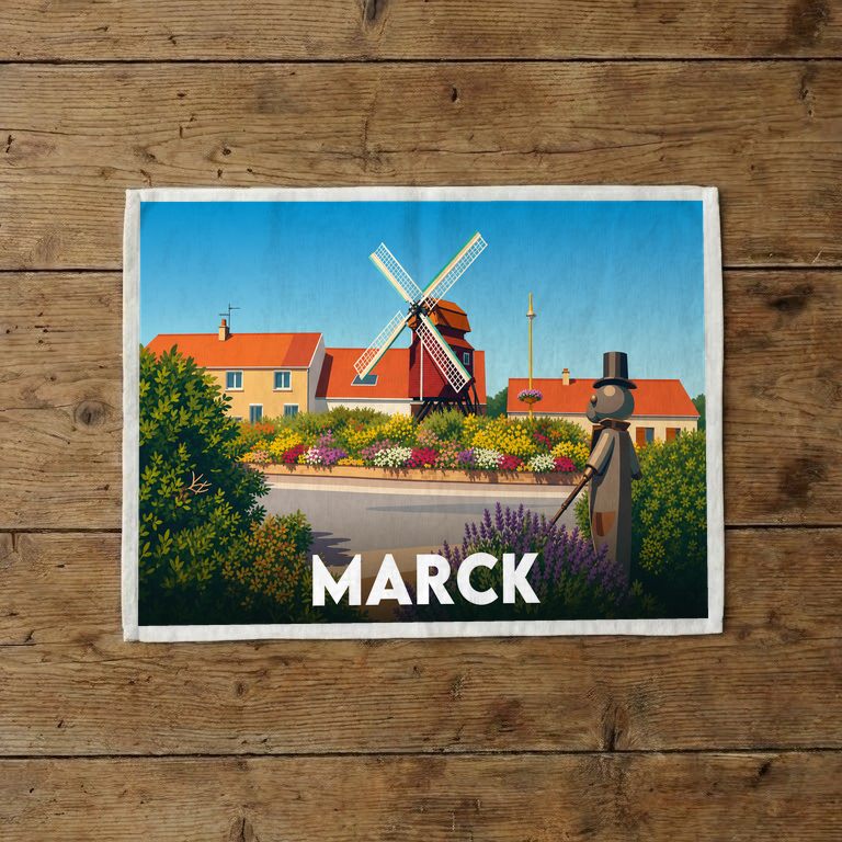 Torchon souvenir de la ville de Marck avec une illustration stylisée d'un moulin et d'un personnage.