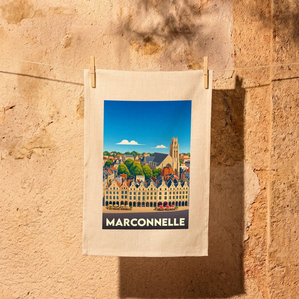 Torchon souvenir de la ville de Marconnelle avec une illustration stylisée.