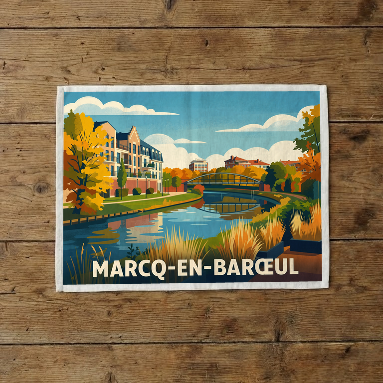 Torchon souvenir de la ville de Marcq-en-Barœul avec une illustration paysagère stylisée.