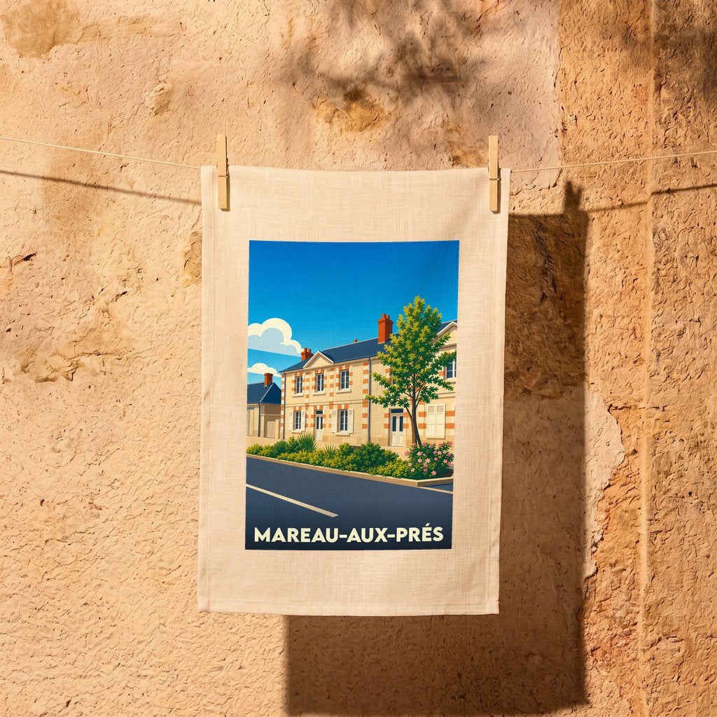 Torchon souvenir de la ville de Mareau-aux-Prés avec une illustration stylisée.