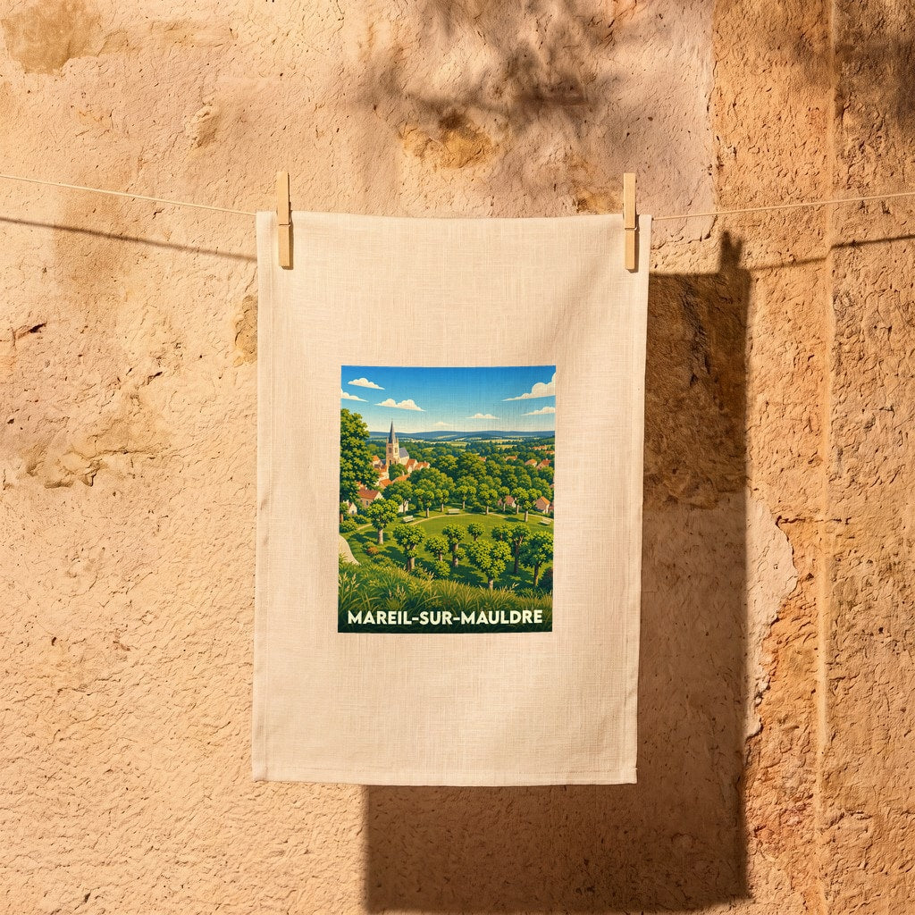 Torchon souvenir de la ville de Mareil-sur-Mauldre avec une illustration de paysage champêtre.