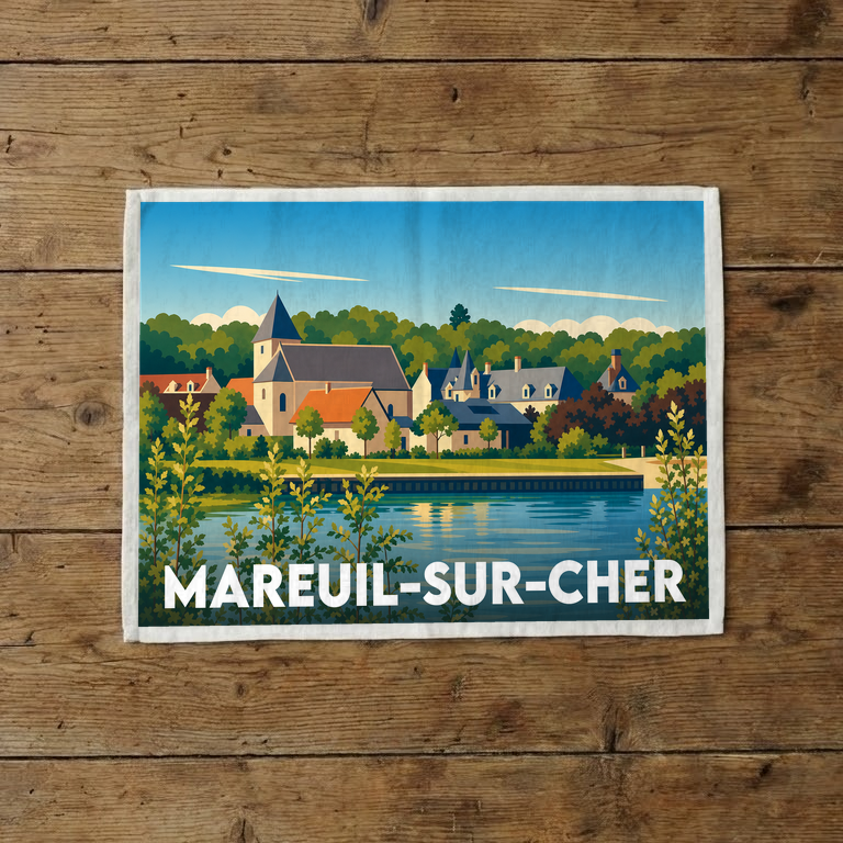 Torchon souvenir de la ville de Mareuil-sur-Cher avec une illustration stylisée.