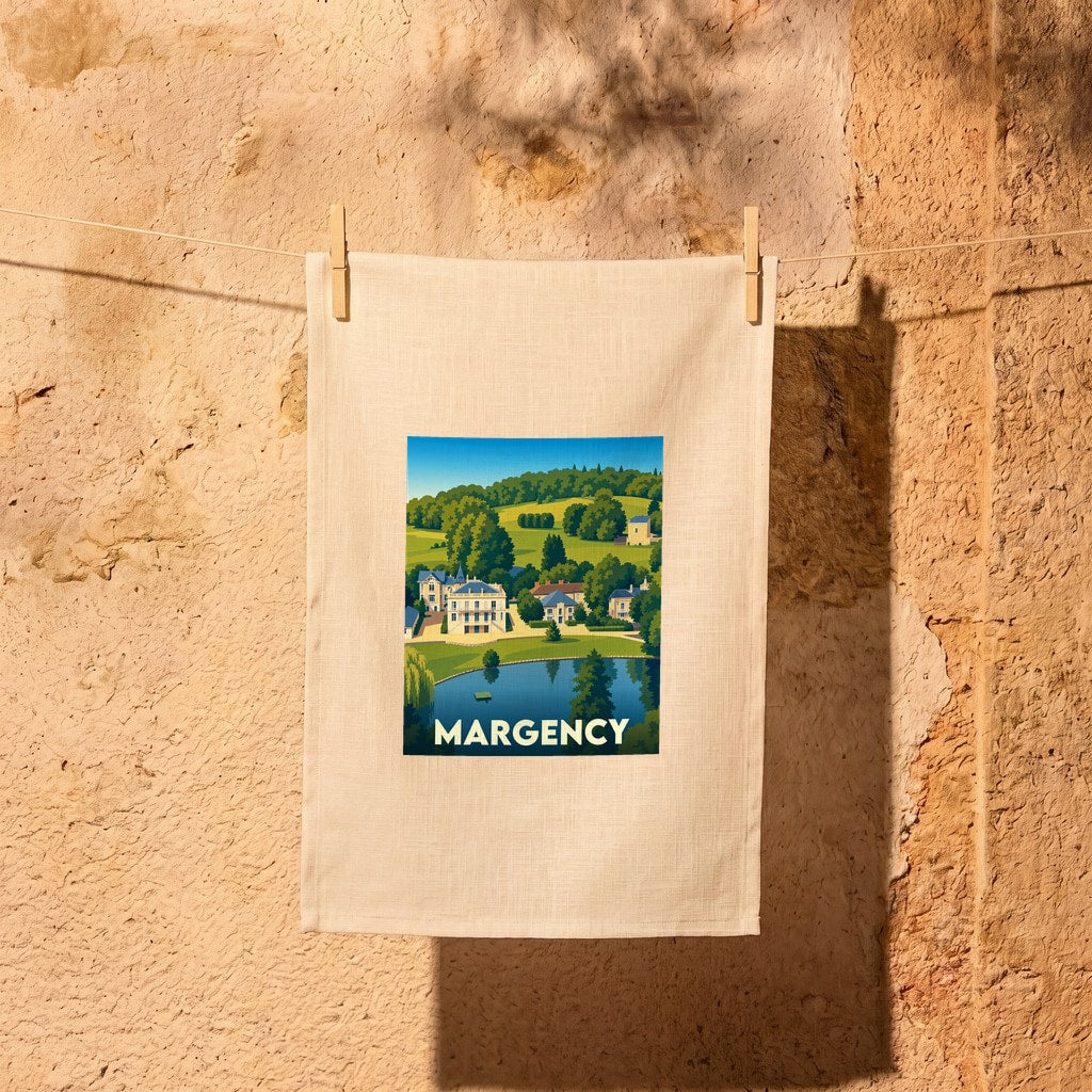 Torchon souvenir de la ville de Margency avec une illustration stylisée de son paysage et de son château.