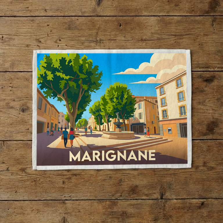 Torchon souvenir de la ville de Marignane avec une illustration stylisée.