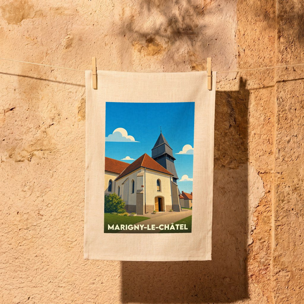 Torchon souvenir de la ville de Marigny-le-Châtel avec une illustration stylisée de son église.