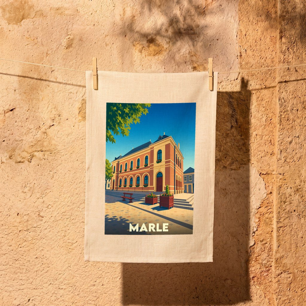 Torchon souvenir de la ville de Marle avec une illustration stylisée de son architecture locale.