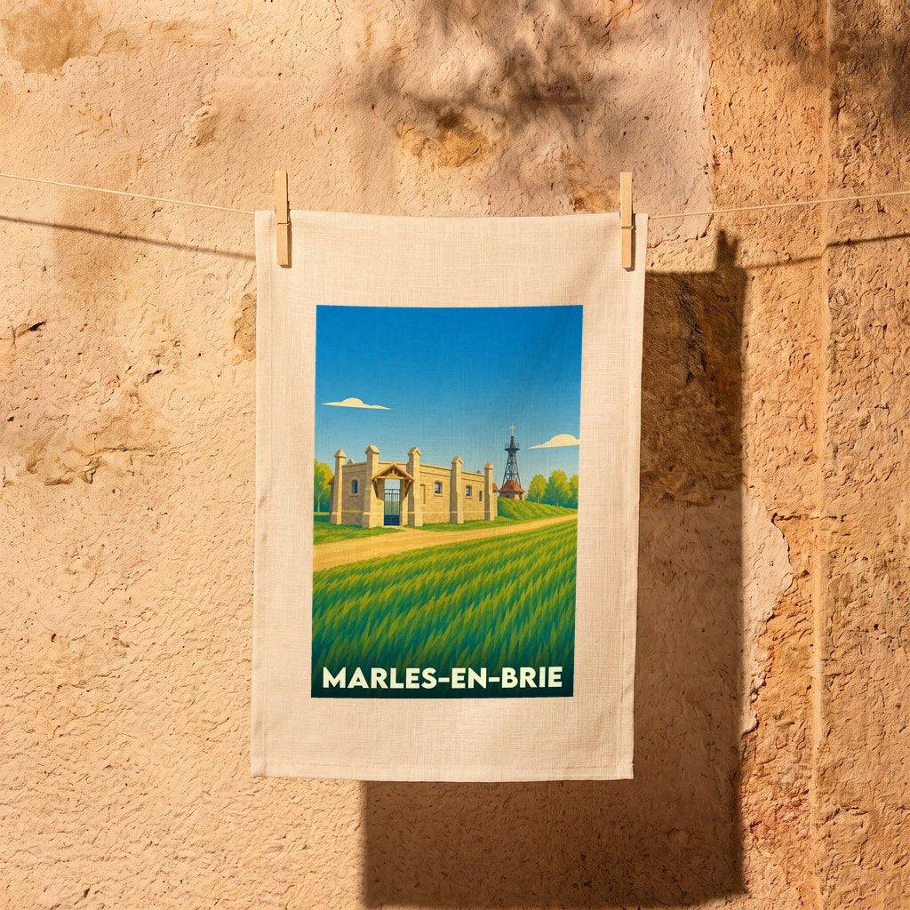 Torchon souvenir de la ville de Marles-en-Brie avec une illustration stylisée.
