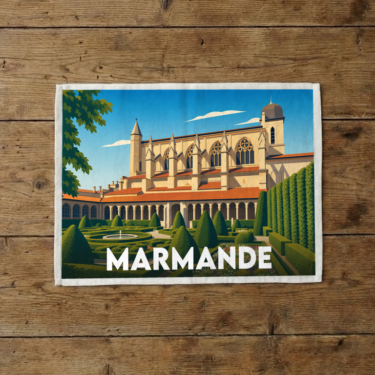 Torchon souvenir de la ville de Marmande avec une illustration stylisée de ses jardins et de son église.