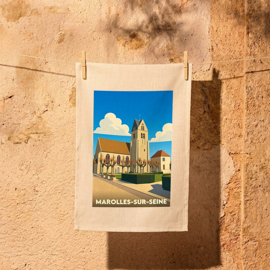 Torchon souvenir de la ville de Marolles-sur-Seine avec une illustration stylisée de son église.