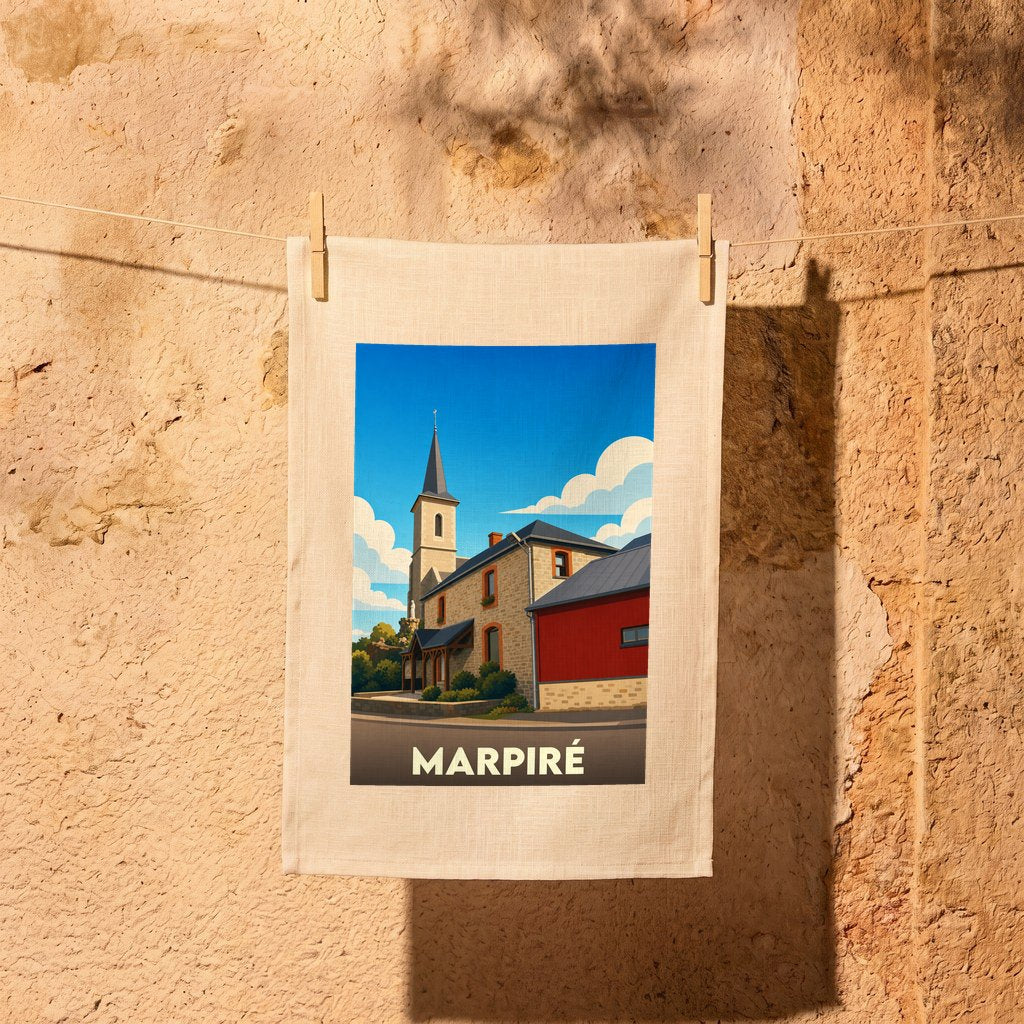 Torchon souvenir de la ville de Marpiré avec une illustration stylisée.