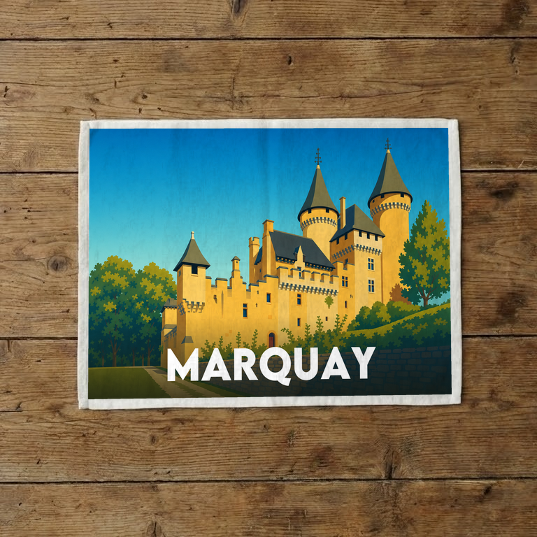 Torchon souvenir de la ville de Marquay avec une illustration stylisée de son château.