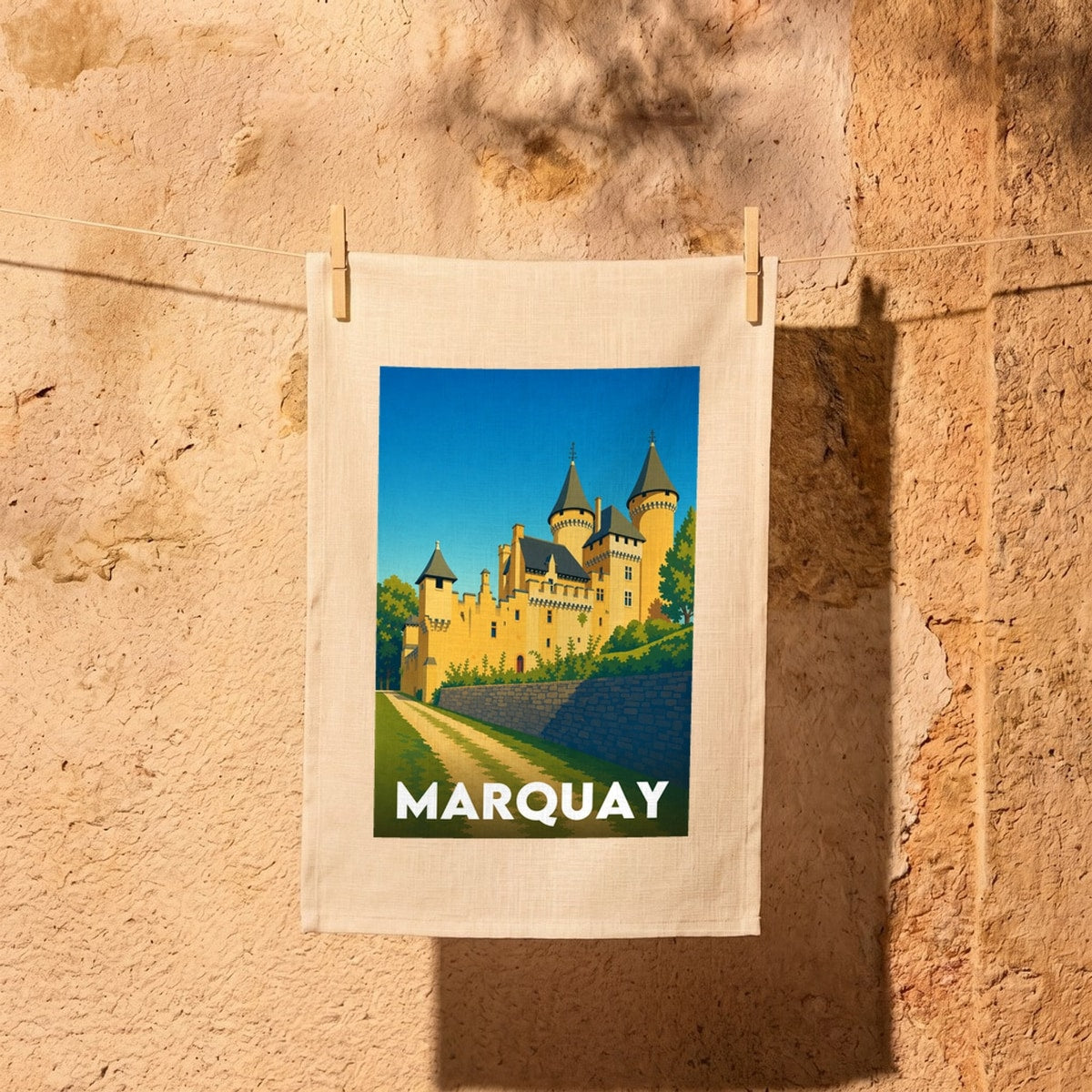 Torchon souvenir de la ville de Marquay avec une illustration stylisée de son château.