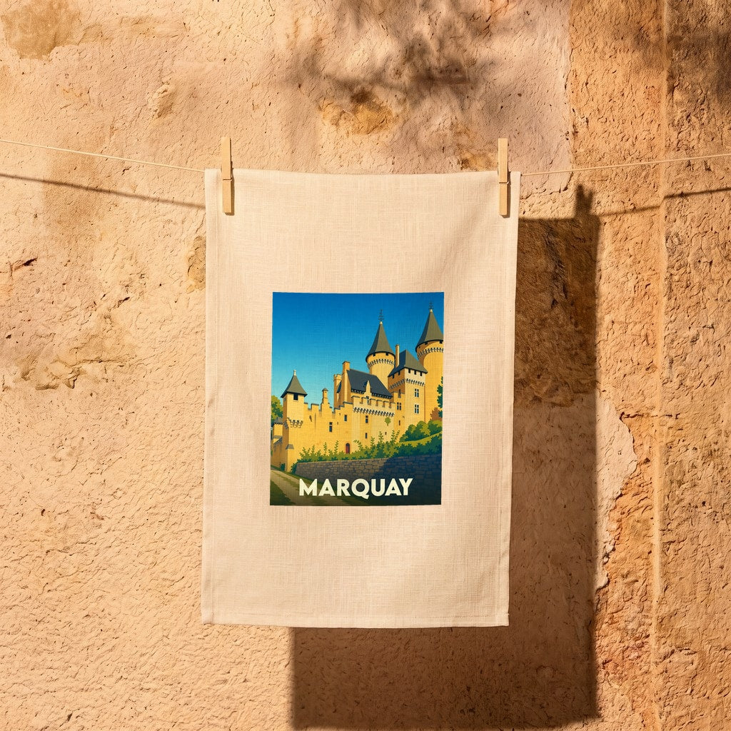 Torchon souvenir de la ville de Marquay avec une illustration stylisée de son château.