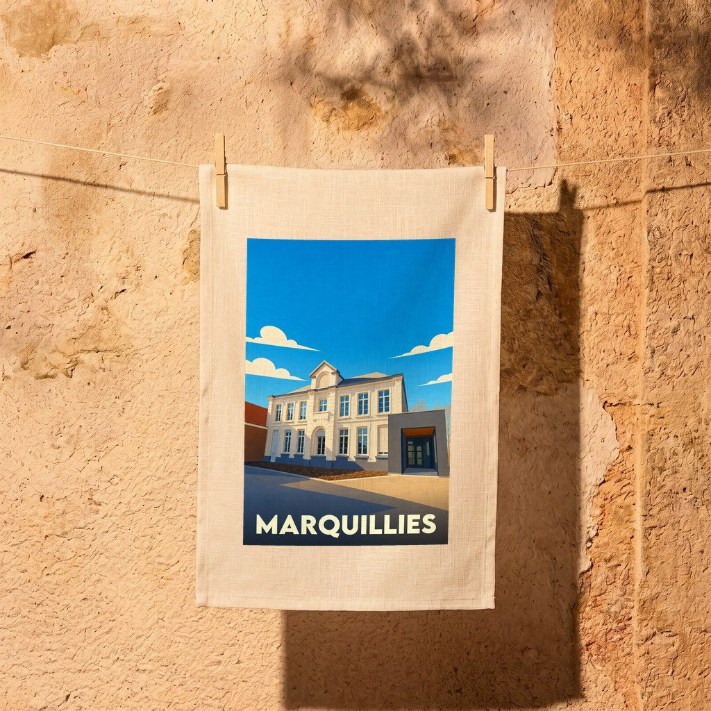 Torchon souvenir de la ville de Marquillies avec une illustration stylisée d'un bâtiment emblématique.