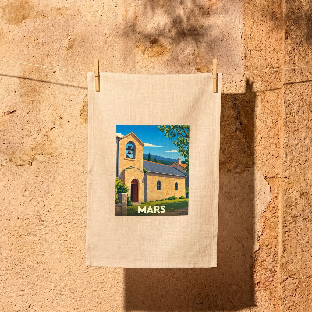 Torchon souvenir de la ville de Mars avec une illustration stylisée de son église en Ardèche.