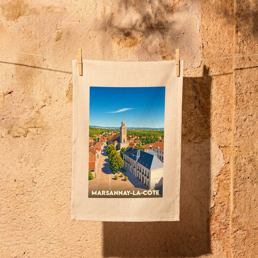 Torchon souvenir de la ville de Marsannay-la-Côte avec une illustration stylisée.