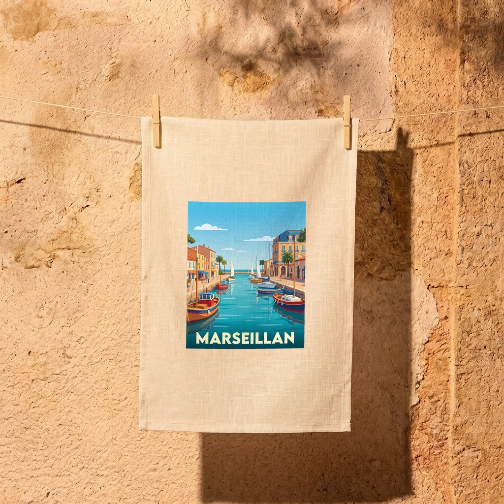 Torchon souvenir de la ville de Marseillan avec une illustration stylisée du port.