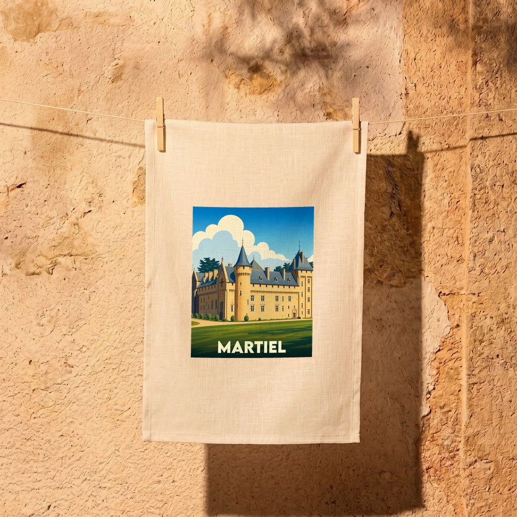 Torchon souvenir de la ville de Martiel avec une illustration stylisée d'un château.