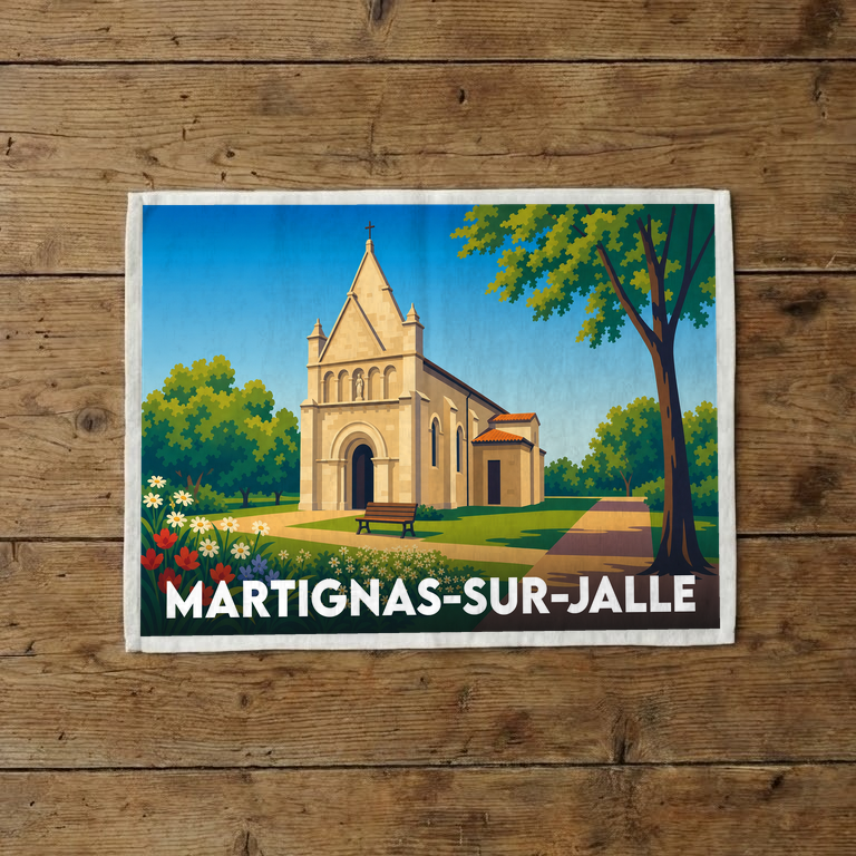 Torchon souvenir de la ville de Martignas-sur-Jalle avec une illustration stylisée de son église.