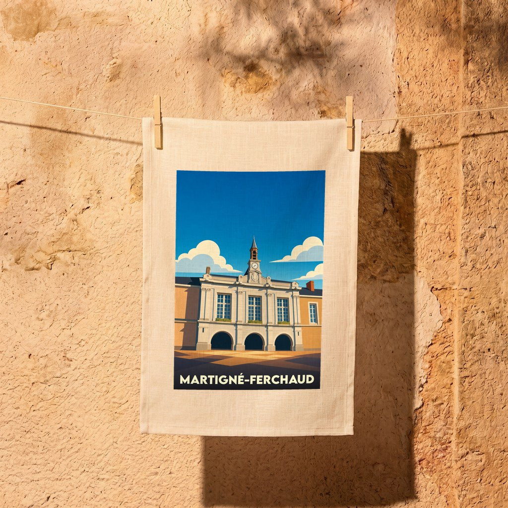 Torchon souvenir de la ville de Martigné-Ferchaud avec une illustration stylisée de son architecture.
