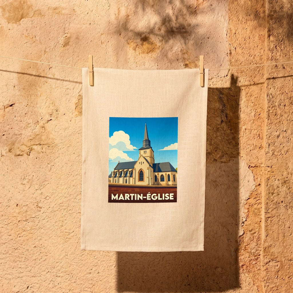 Torchon souvenir de la ville de Martin-Église illustré d'une église de style vintage.