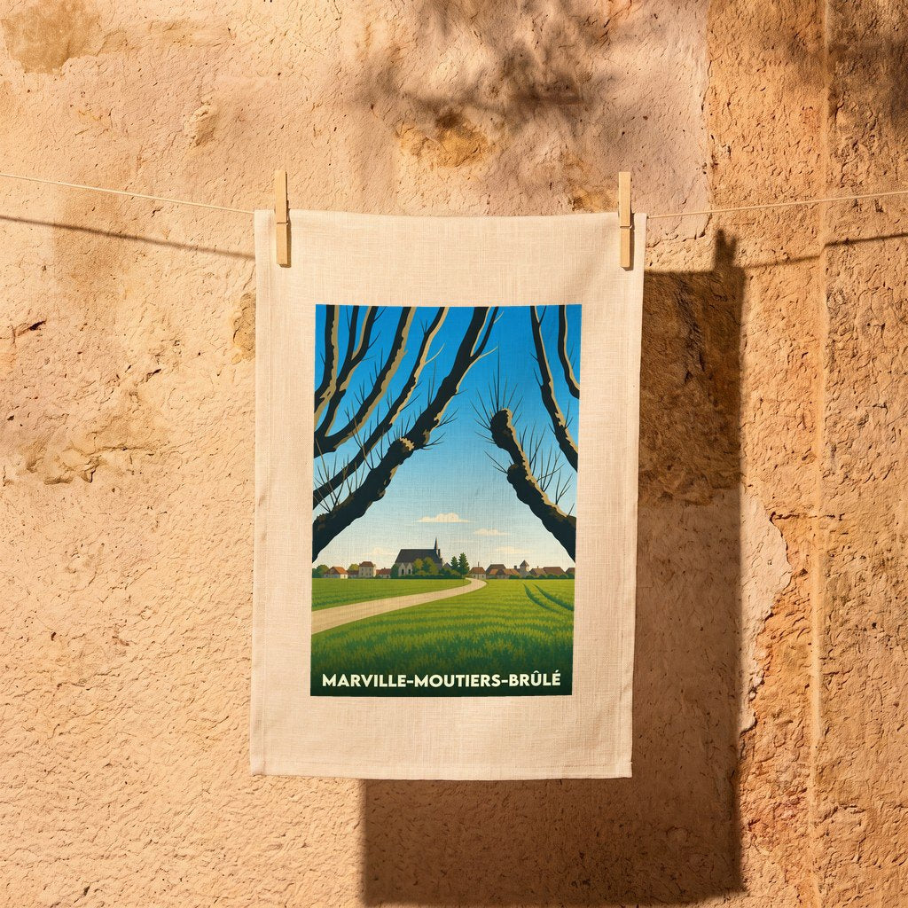 Torchon souvenir de la ville de Marville-Moutiers-Brûlé avec une illustration champêtre stylisée.