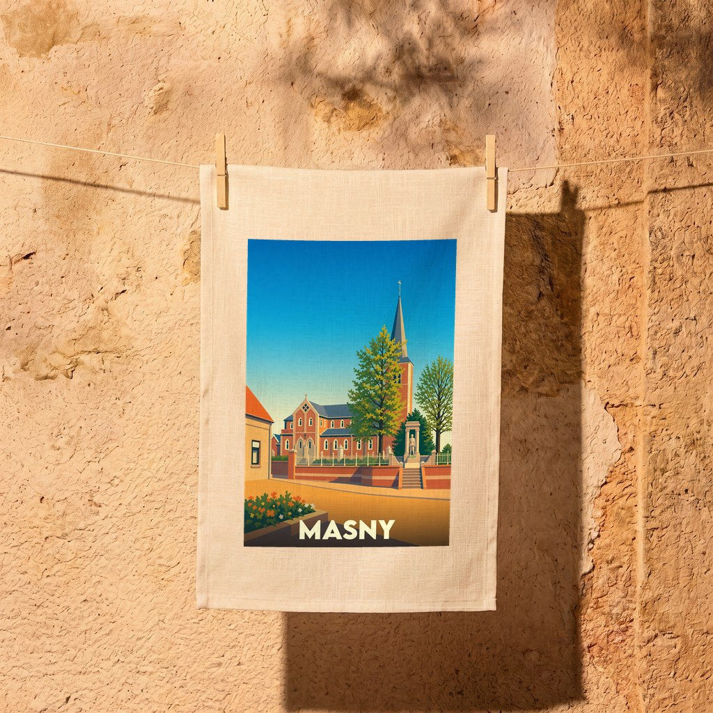 Torchon souvenir de la ville de Masny avec une illustration stylisée.