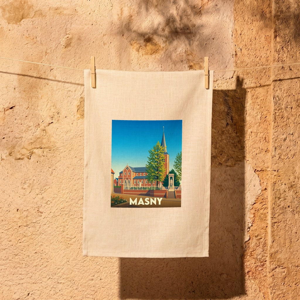 Torchon souvenir de la ville de Masny avec une illustration stylisée.