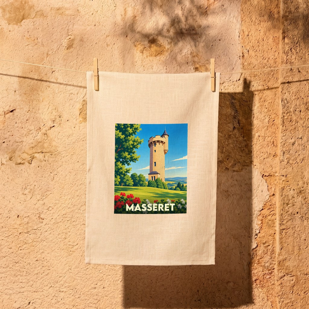 Torchon souvenir de la ville de Masseret avec une illustration stylisée de sa tour médiévale.