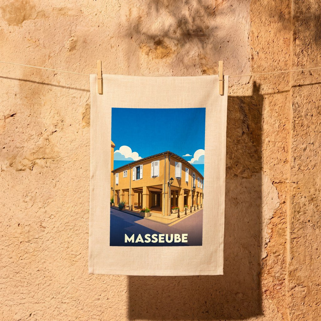 Torchon souvenir de la ville de Masseube avec une illustration stylisée d'un bâtiment à arcades.