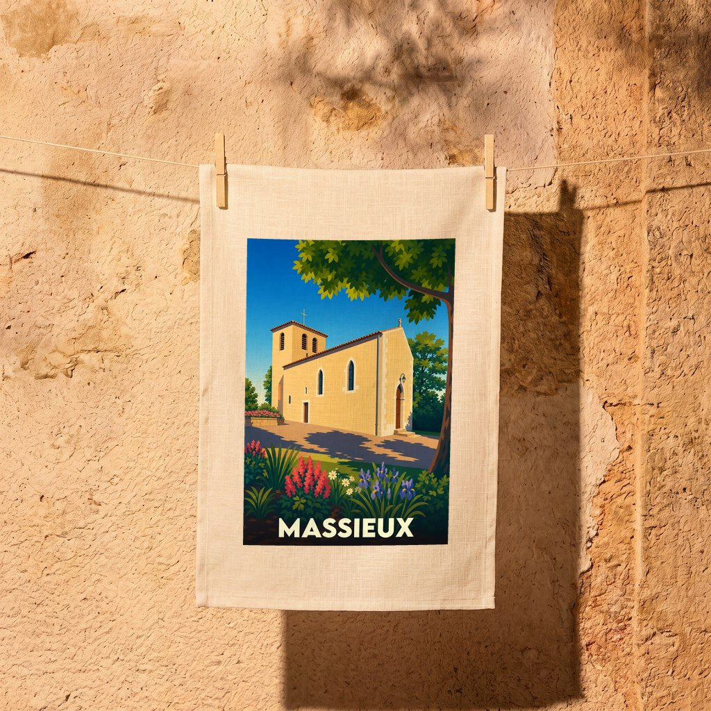 Torchon souvenir de la ville de Massieux avec une illustration stylisée de son église.