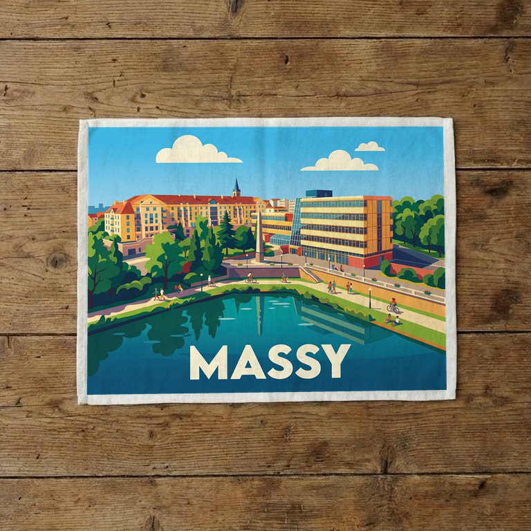 Torchon souvenir de la ville de Massy avec une illustration stylisée et colorée.