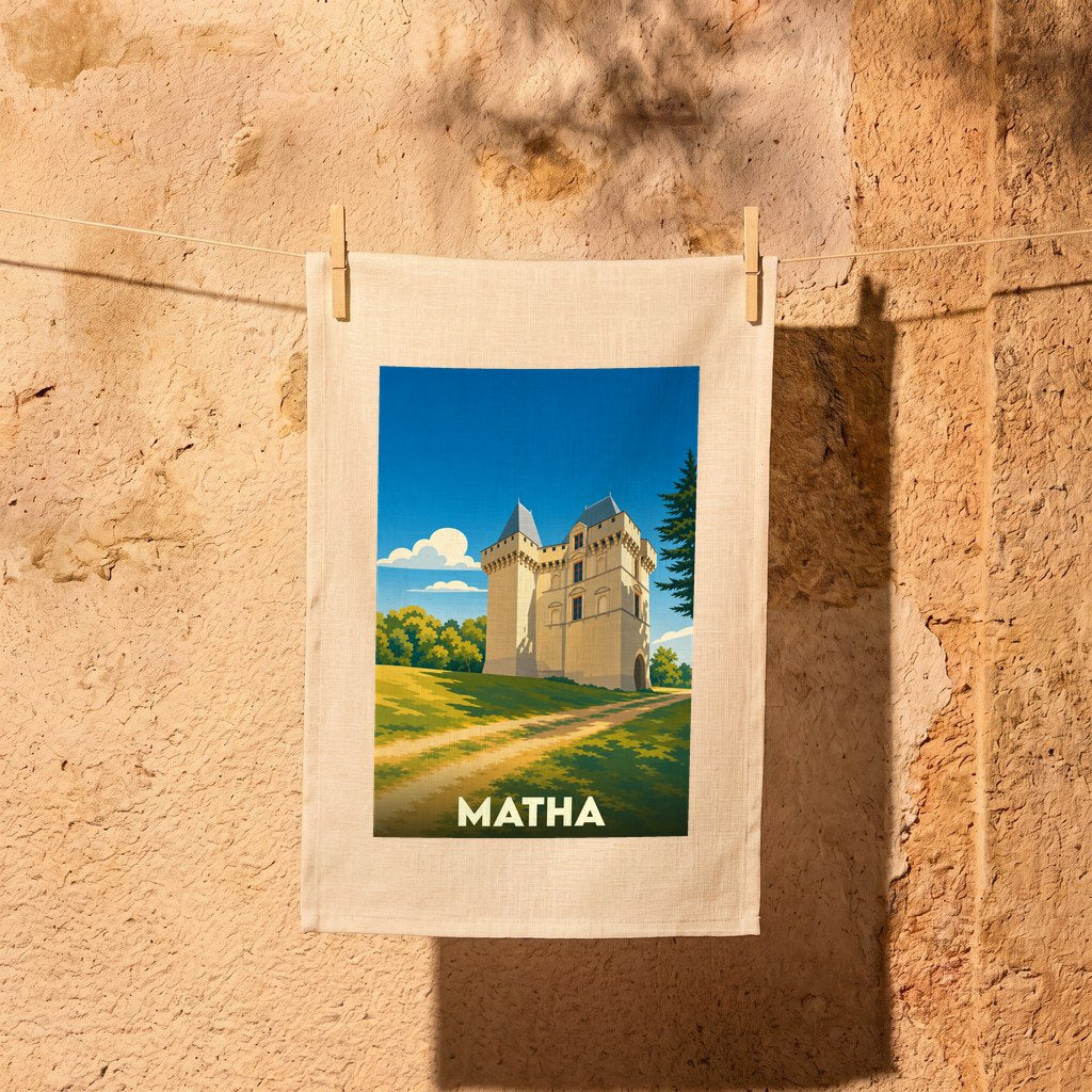 Torchon souvenir de la ville de Matha illustré d'un château de style rétro.