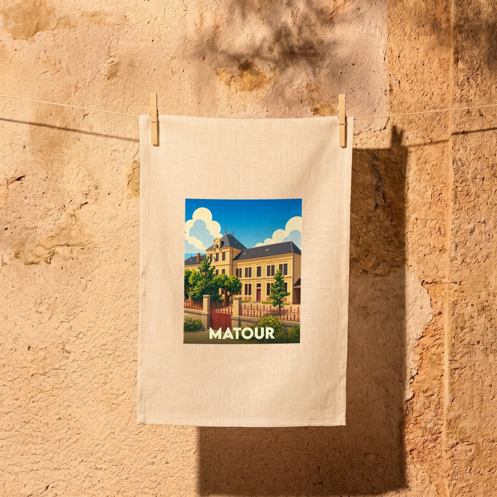 Torchon souvenir de la ville de Matour avec une illustration stylisée d'un bâtiment historique sous un ciel bleu.