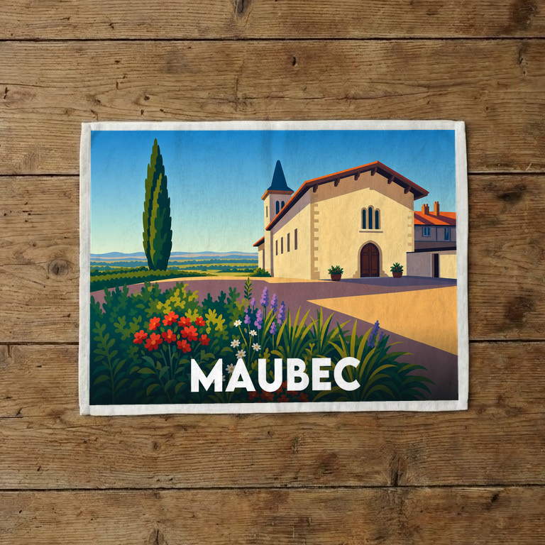 Torchon souvenir de la ville de Maubec avec une illustration stylisée de son église et d'un cyprès.