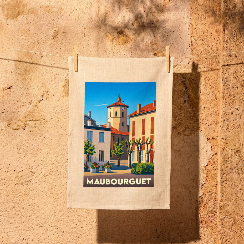 Torchon souvenir de la ville de Maubourguet avec une illustration stylisée et colorée de son architecture.