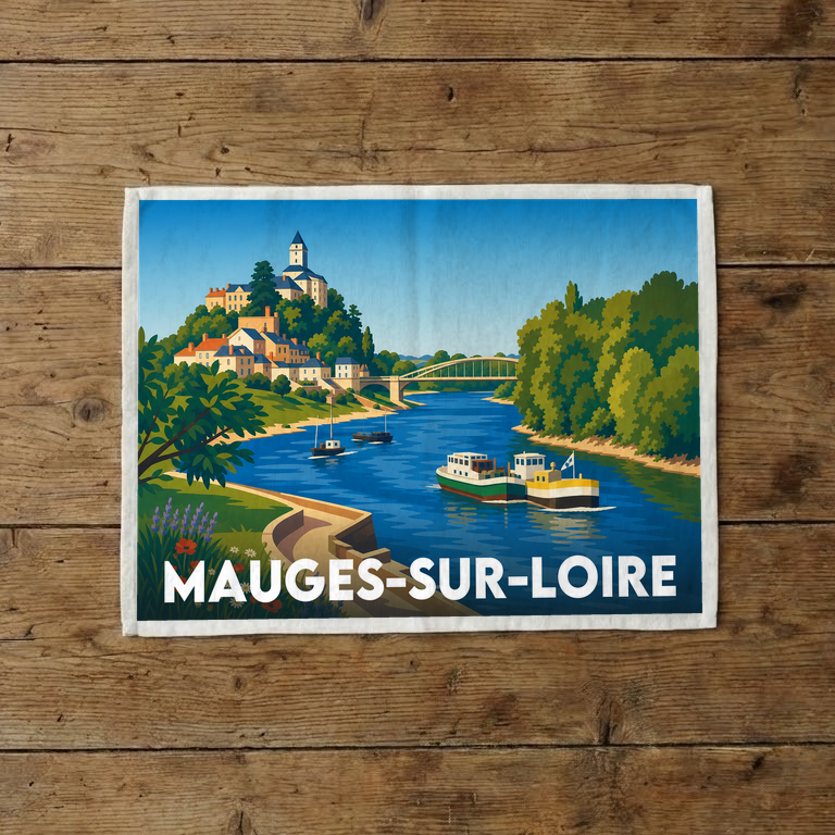 Torchon souvenir de la ville de Mauges-sur-Loire avec une illustration stylisée.