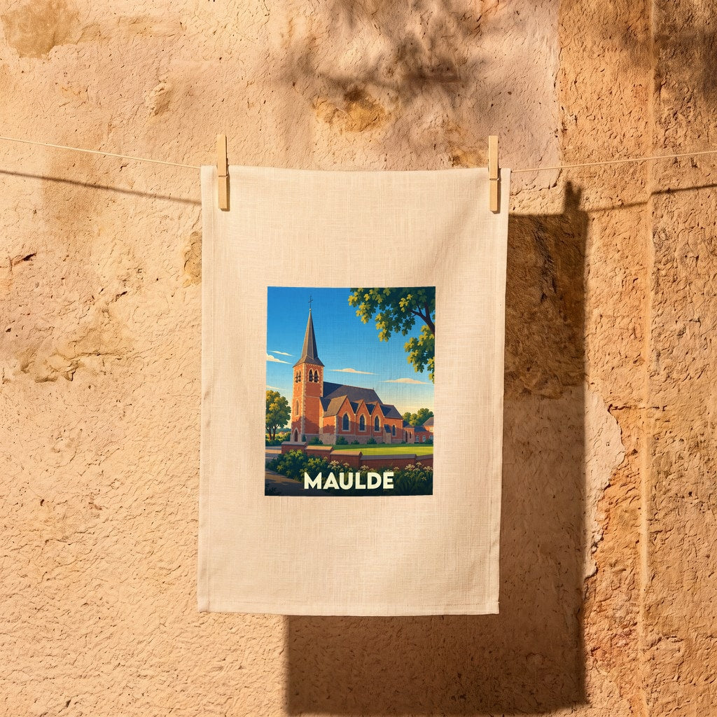 Torchon souvenir de la ville de Maulde illustré d'une église de style vintage.