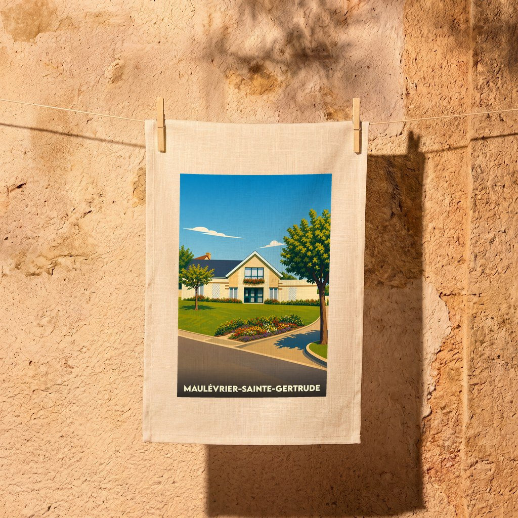 Torchon souvenir de la ville de Maulévrier-Sainte-Gertrude avec une illustration stylisée d'un paysage urbain.