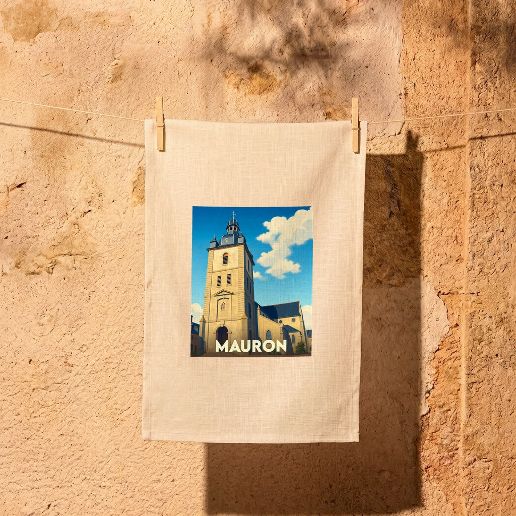 Torchon souvenir de la ville de Mauron avec une illustration stylisée de son église.
