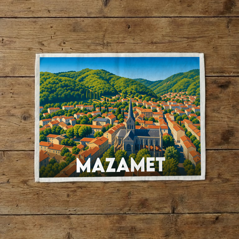 Torchon souvenir de la ville de Mazamet avec une illustration colorée et stylisée.