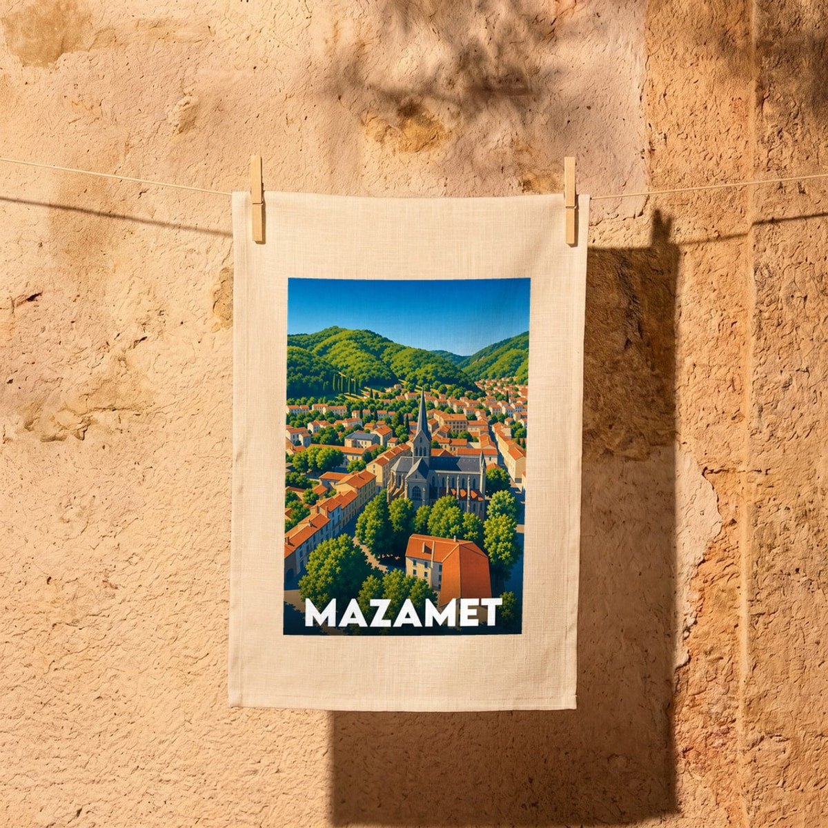 Torchon souvenir de la ville de Mazamet avec une illustration colorée et stylisée.