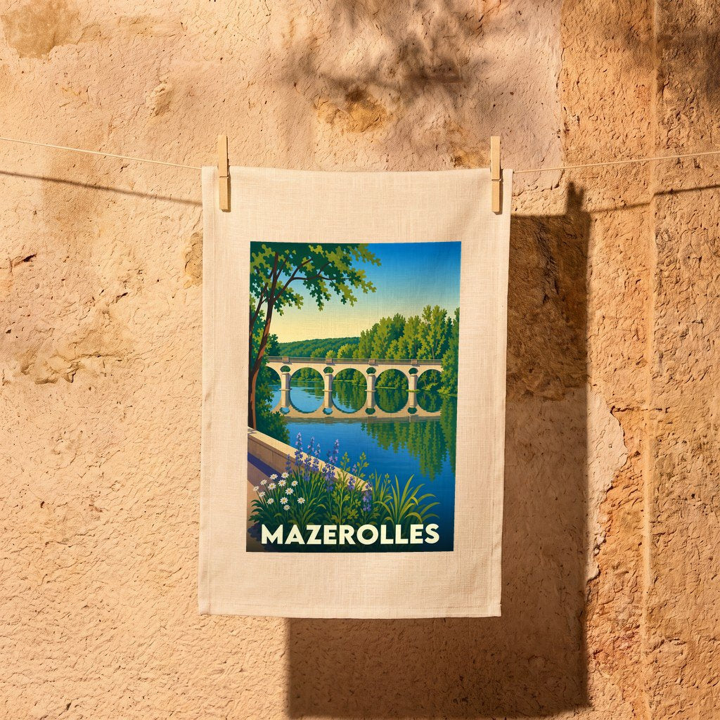 Torchon souvenir de la ville de Mazerolles avec une illustration stylisée d'un pont se reflétant dans l'eau.