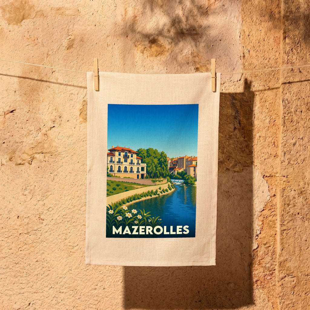 Torchon souvenir de la ville de Mazerolles avec une illustration stylisée d'un paysage de bord de rivière.