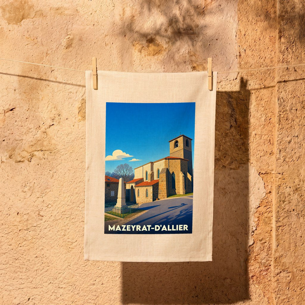 Torchon souvenir de la ville de Mazeyrat-d'Allier avec une illustration stylisée d'une église sous un ciel bleu.